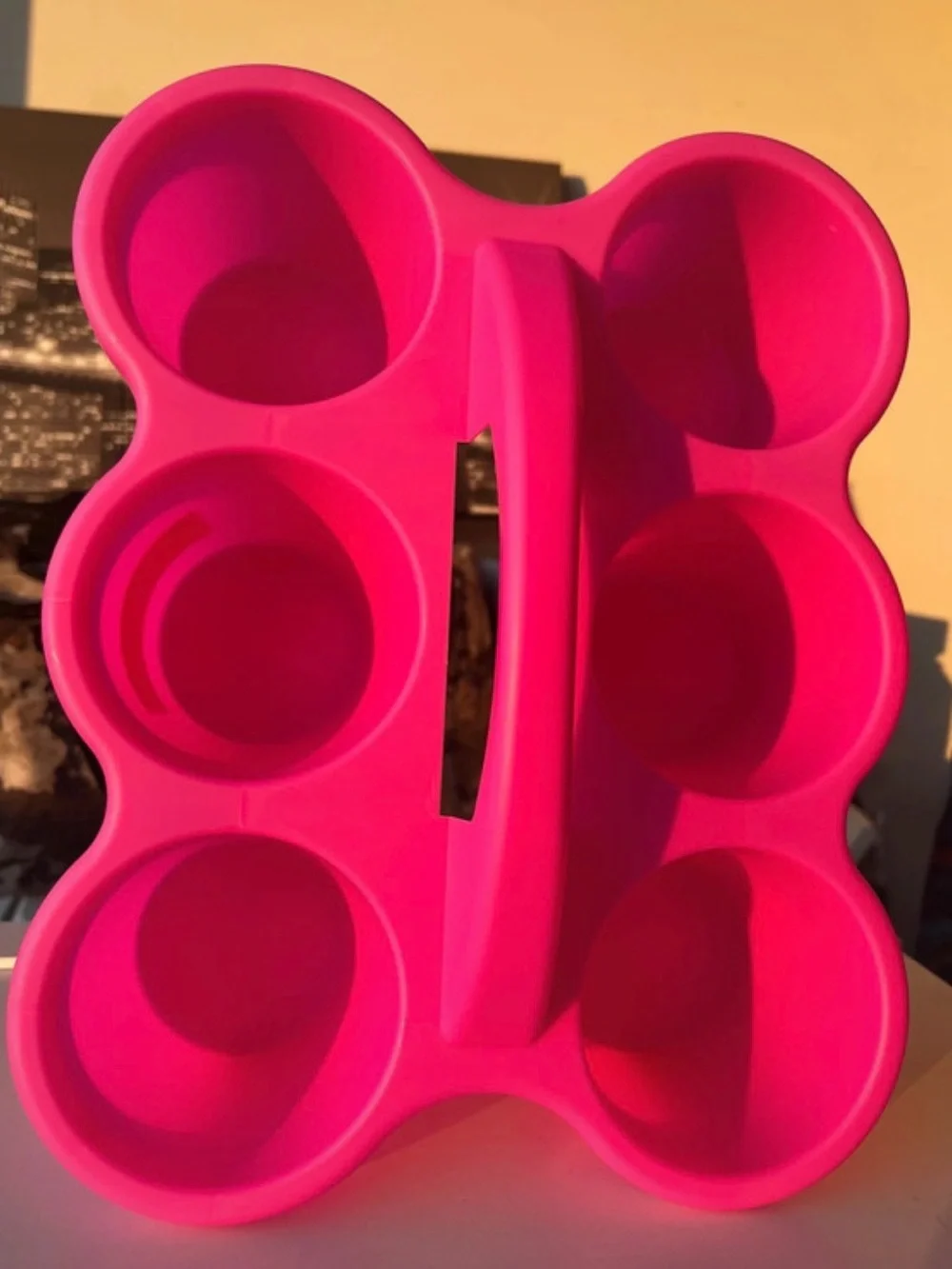 Bright Pink Silicone 6-Cup Drink Carrier with Center Handle